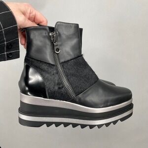 Marco Moreo Black Leather Fur Platform Wedge Ankle Boots Women's 40 Goth
Italian